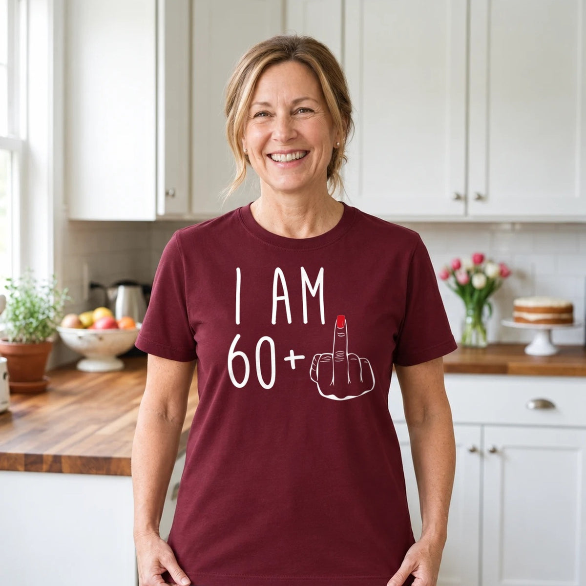 I Am 60 + Middle Finger - Funny 61st Birthday T-Shirt for Women - Burgundy Round Neck