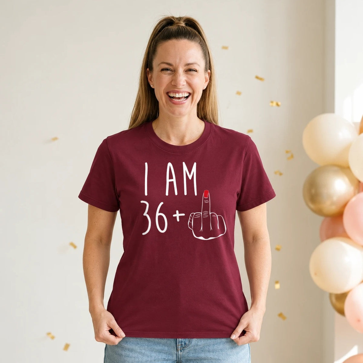 I Am 36 + Middle Finger - Funny 37th Birthday T-Shirt for Women - Burgundy Round Neck