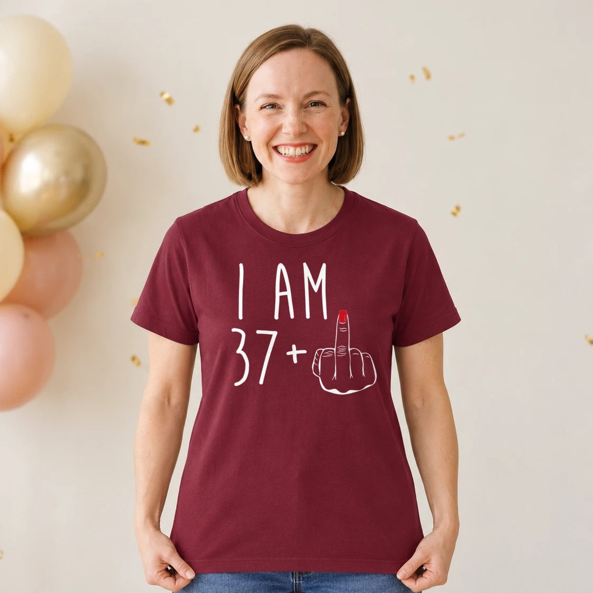 I Am 37 + Middle Finger - Funny 38th Birthday T-Shirt for Women - Burgundy Round Neck