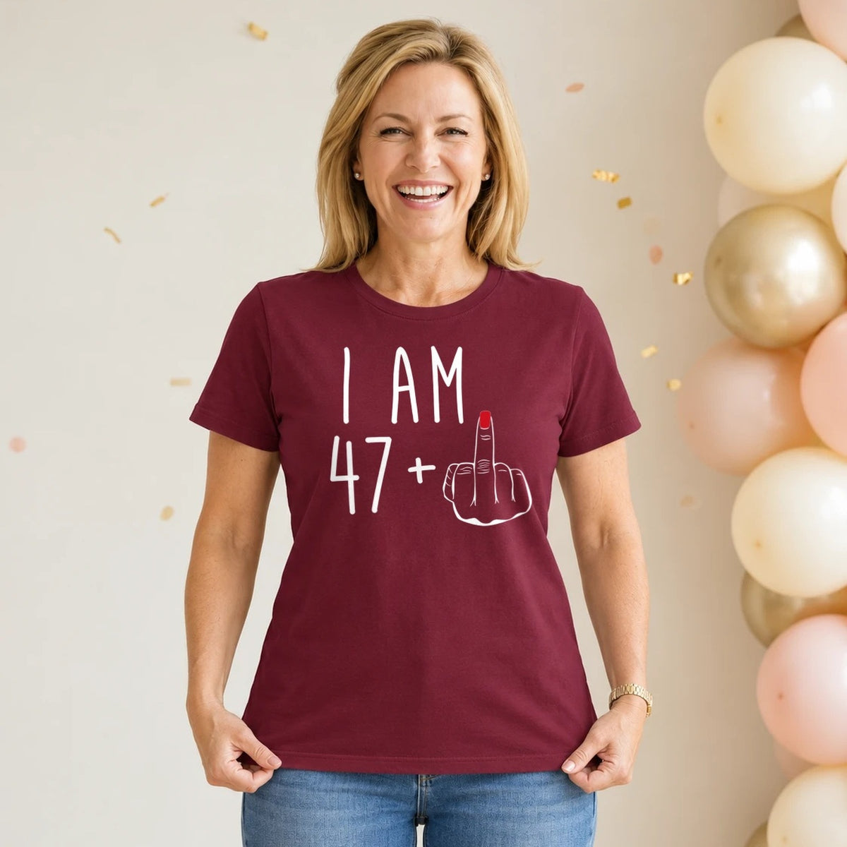 I Am 47 + Middle Finger - Funny 48th Birthday T-Shirt for Women - Burgundy Round Neck