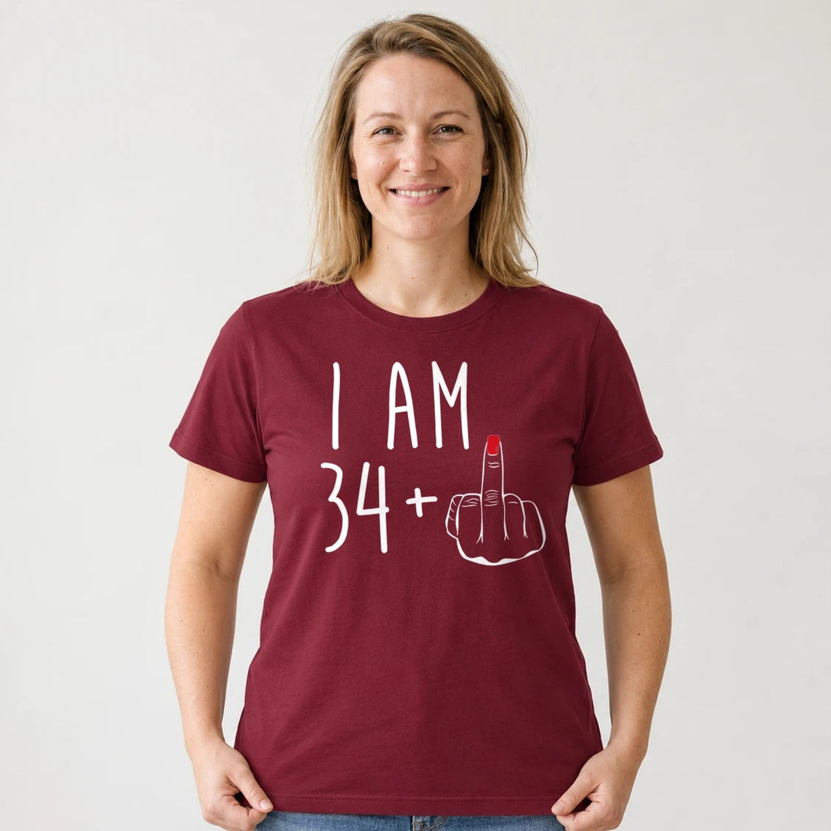 I Am 34 + Middle Finger - Funny 35th Birthday T-Shirt for Women - Burgundy Round Neck