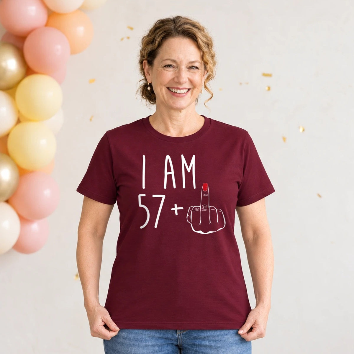 I Am 57 + Middle Finger - Funny 58th Birthday T-Shirt for Women - Burgundy Round Neck