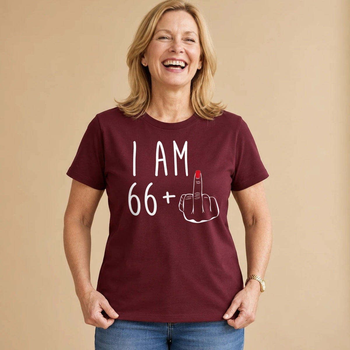 I Am 66 + Middle Finger - Funny 67th Birthday T-Shirt for Women - Burgundy Round Neck