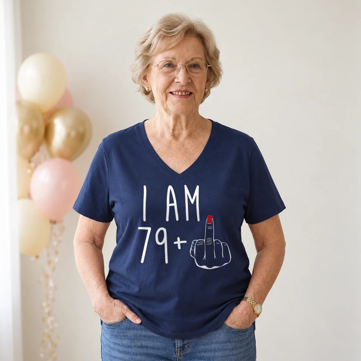 I Am 79 + Middle Finger - Funny 80th Birthday T-Shirt for Women - Navy Blue V-Neck