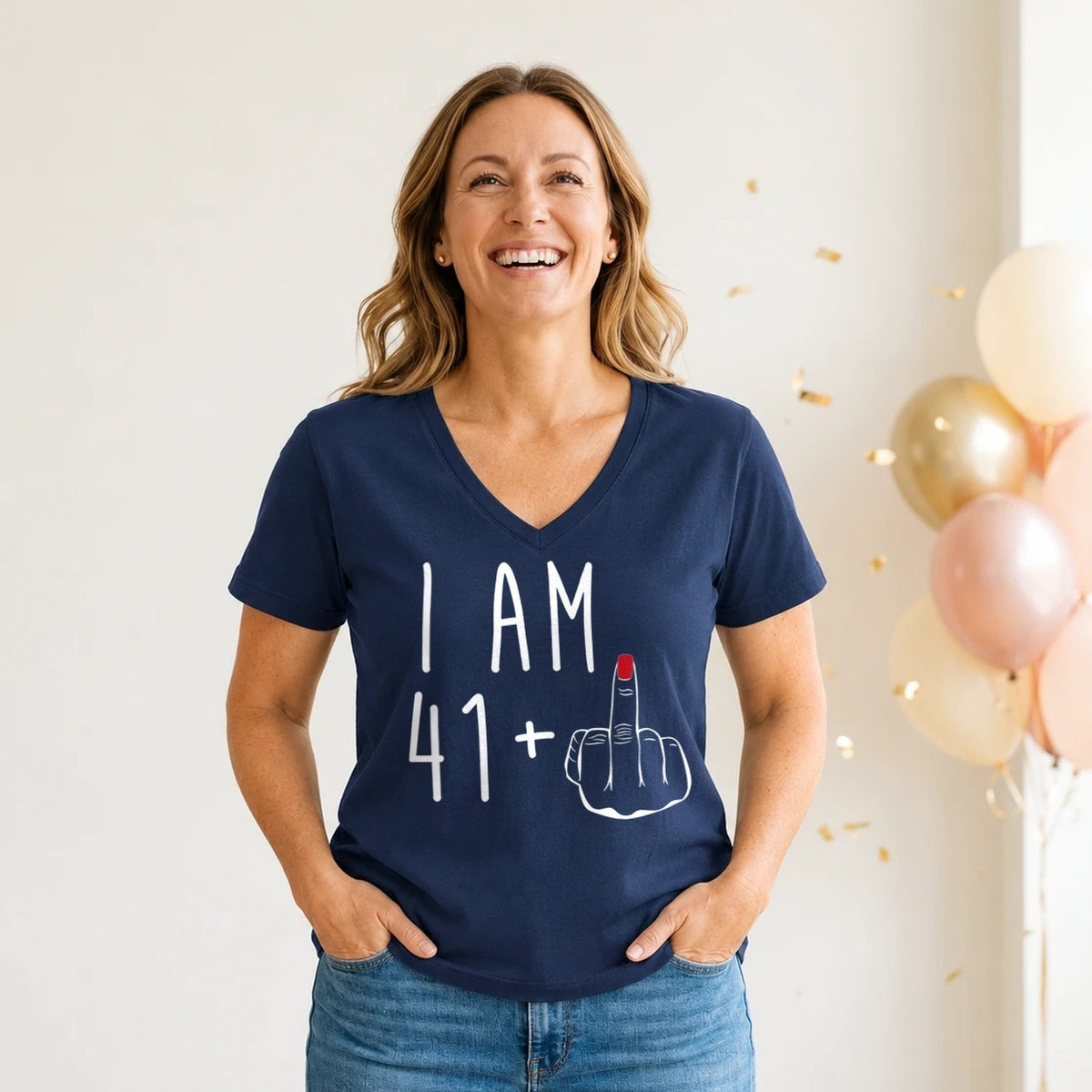 I Am 41 + Middle Finger - Funny 42nd Birthday T-Shirt for Women - Navy Blue V-Neck