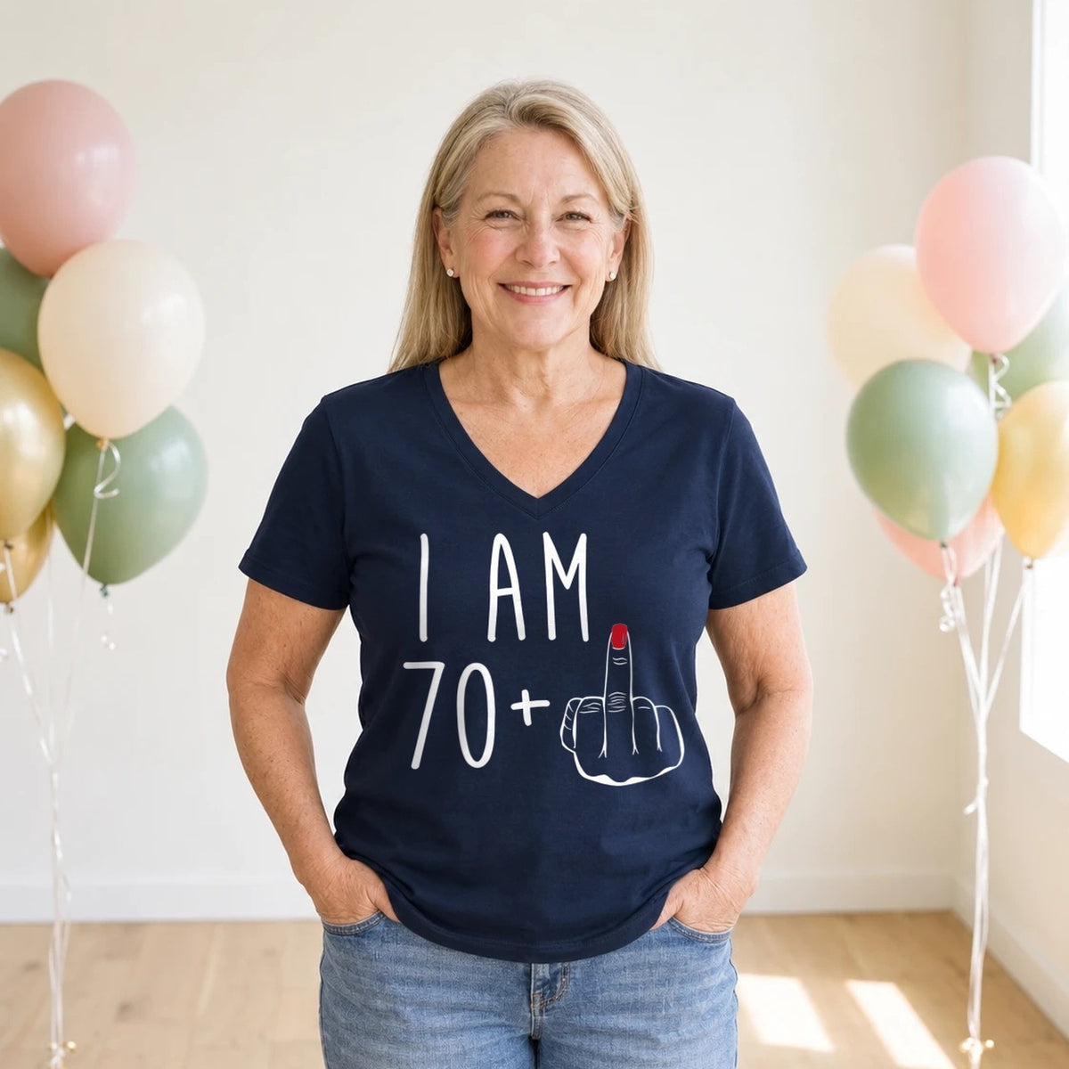 I Am 70 + Middle Finger - Funny 71st Birthday T-Shirt for Women - Navy Blue V-Neck