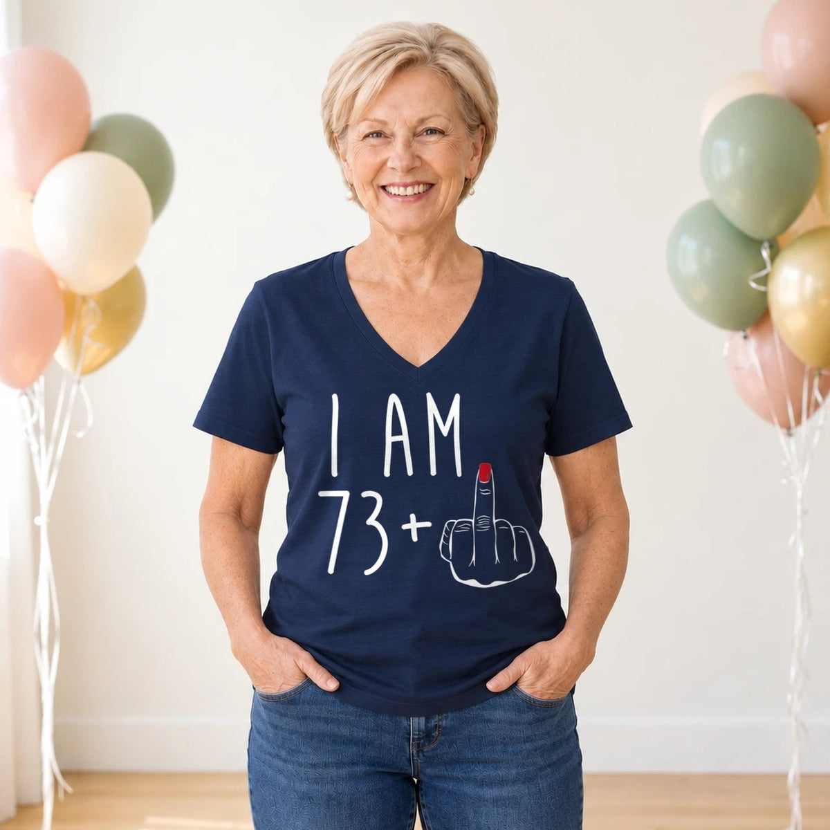 I Am 73 + Middle Finger - Funny 74th Birthday T-Shirt for Women - Navy Blue V-Neck