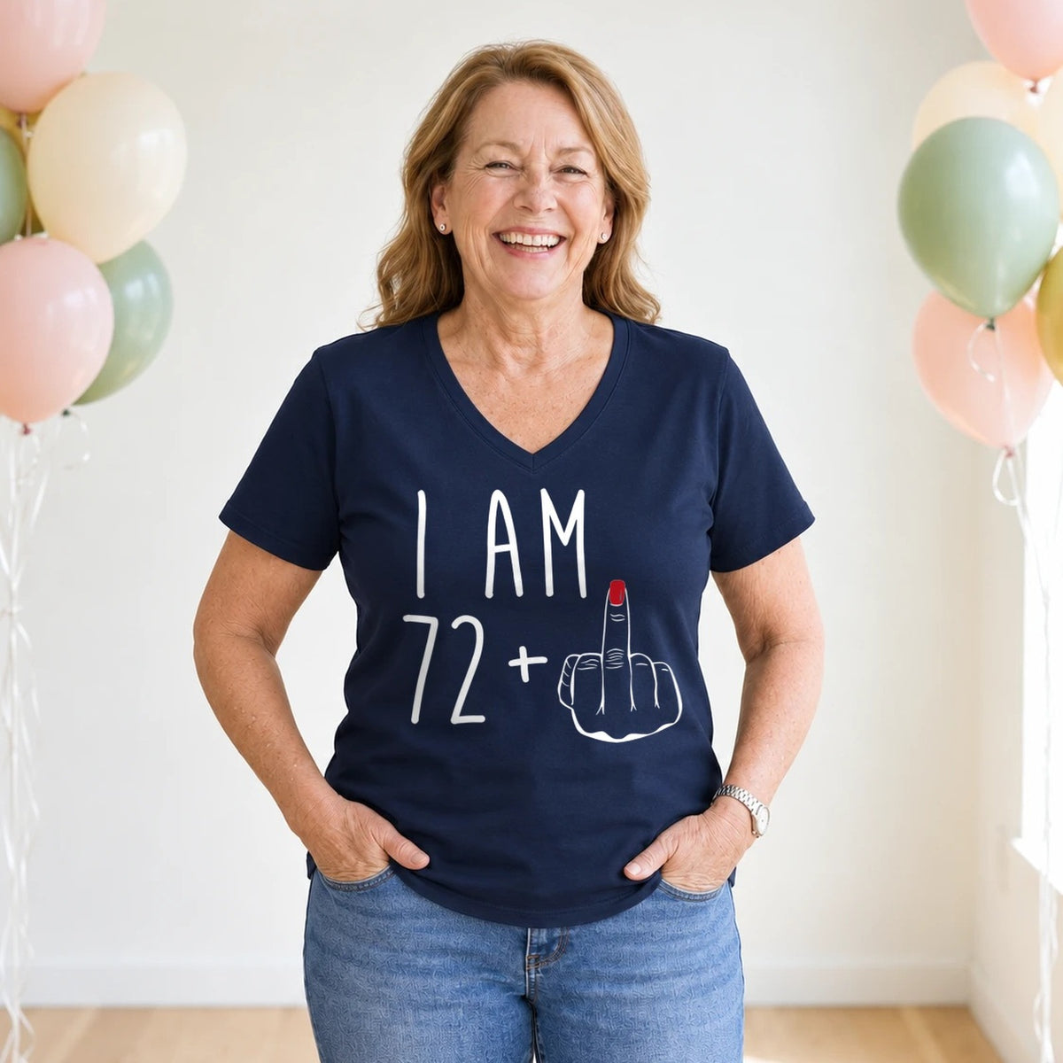 I Am 72 + Middle Finger - Funny 73rd Birthday T-Shirt for Women - Navy Blue V-Neck