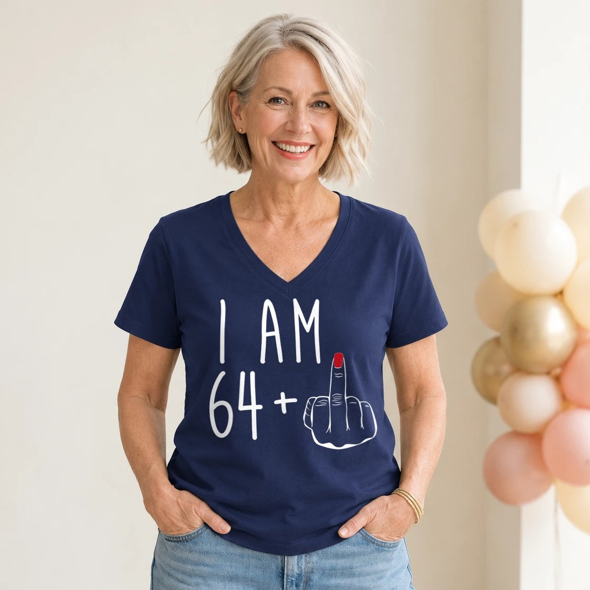I Am 64 + Middle Finger - Funny 65th Birthday T-Shirt for Women - Navy Blue V-Neck