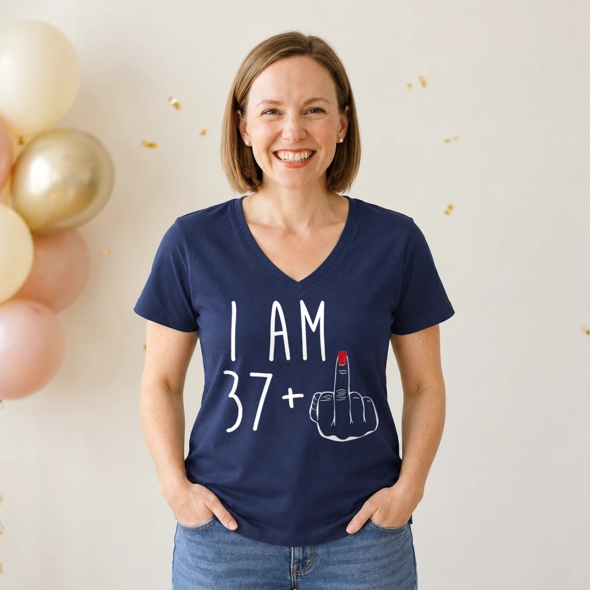 I Am 37 + Middle Finger - Funny 38th Birthday T-Shirt for Women - Navy Blue V-Neck