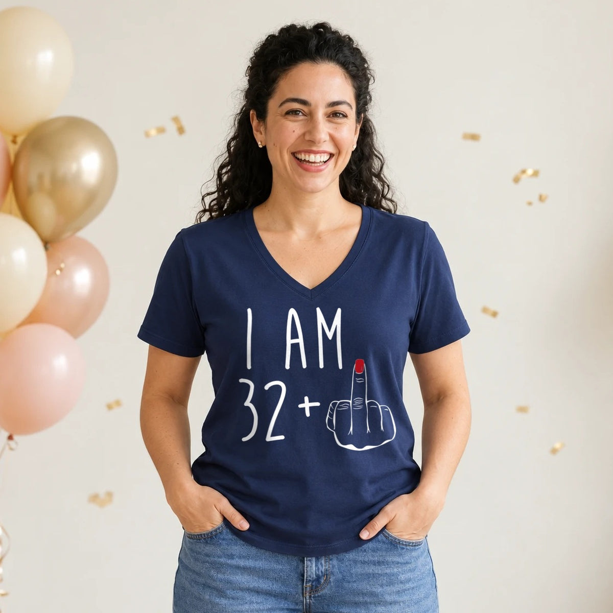 I Am 32 + Middle Finger - Funny 33rd Birthday T-Shirt for Women - Navy Blue V-Neck