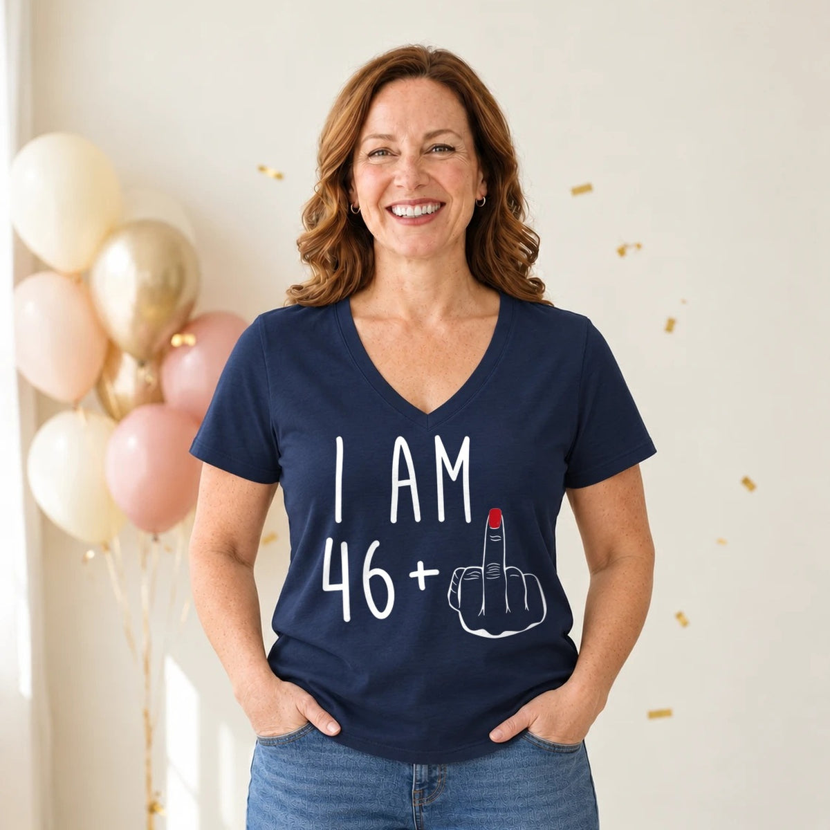 I Am 46 + Middle Finger - Funny 47th Birthday T-Shirt for Women - Navy Blue V-Neck
