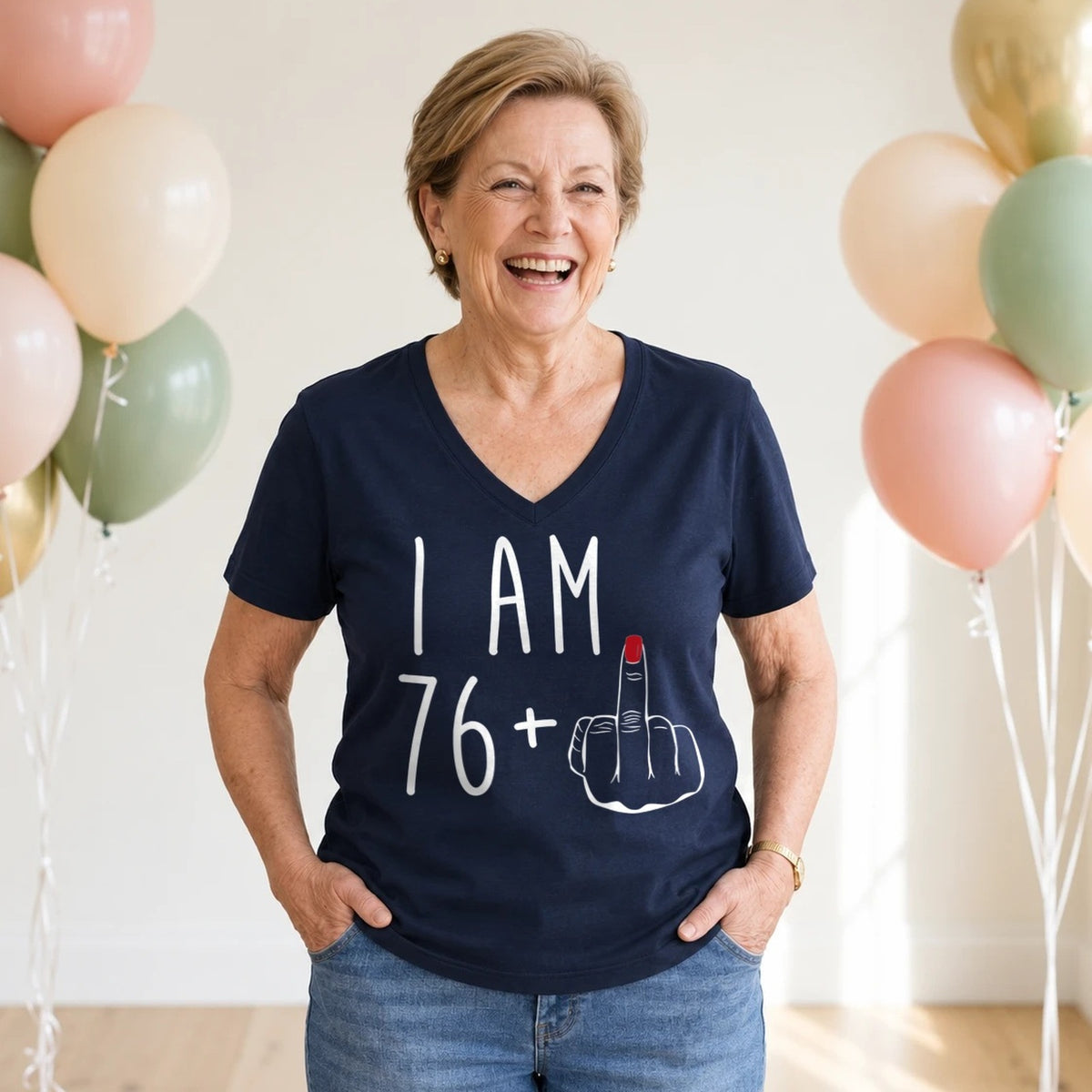 I Am 76 + Middle Finger - Funny 77th Birthday T-Shirt for Women - Navy Blue V-Neck