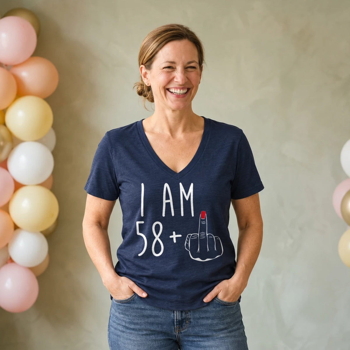 I Am 58 + Middle Finger - Funny 59th Birthday T-Shirt for Women - Navy Blue V-Neck