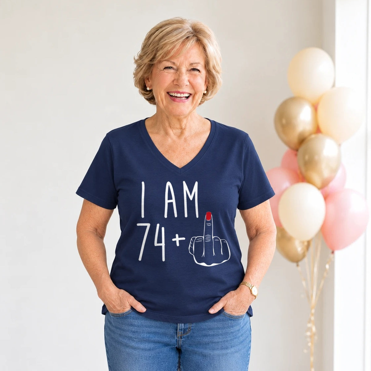 I Am 74 + Middle Finger - Funny 75th Birthday T-Shirt for Women - Navy Blue V-Neck