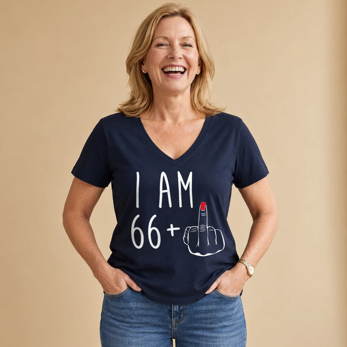 I Am 66 + Middle Finger - Funny 67th Birthday T-Shirt for Women - Navy Blue V-Neck