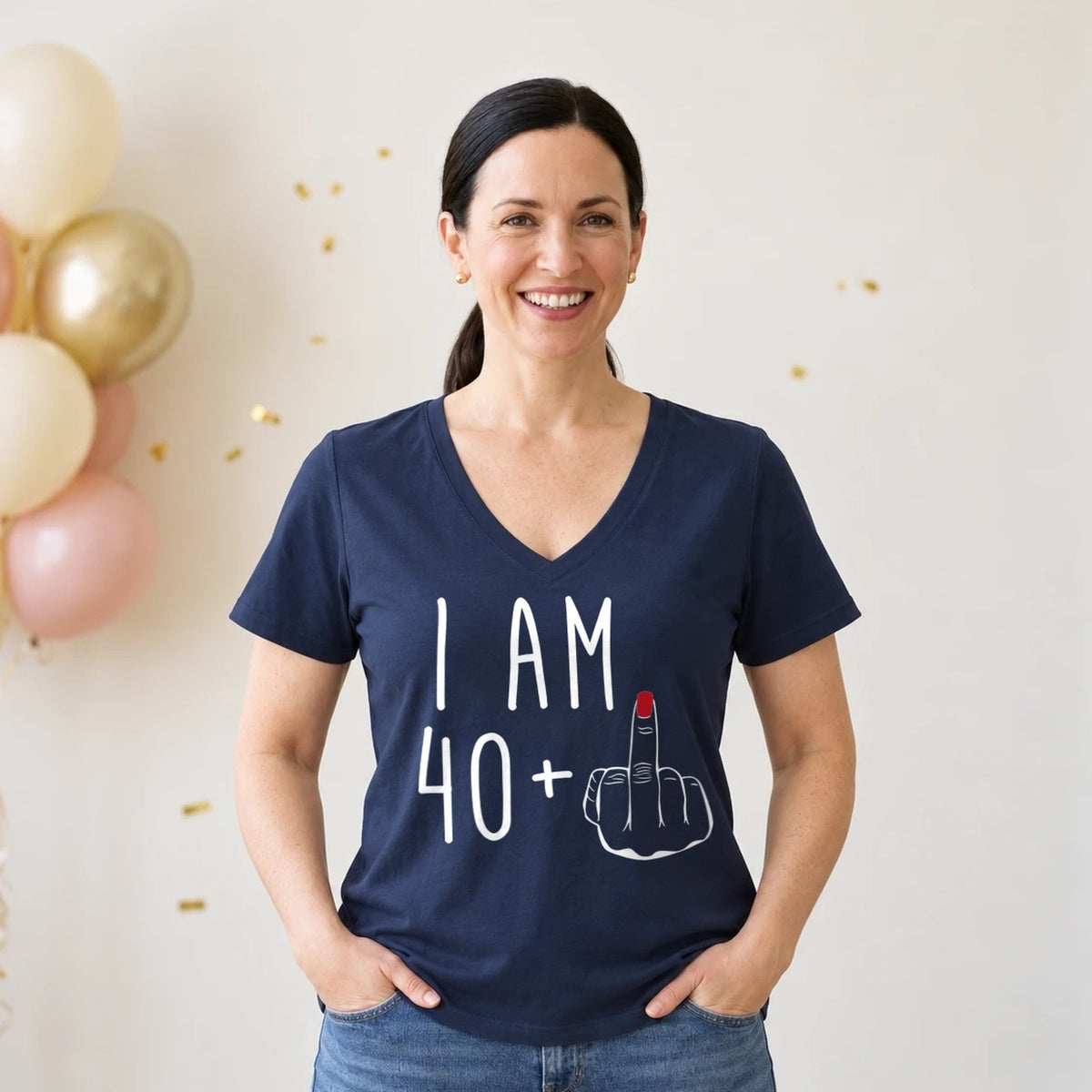 I Am 40 + Middle Finger - Funny 41st Birthday T-Shirt for Women - Navy Blue V-Neck