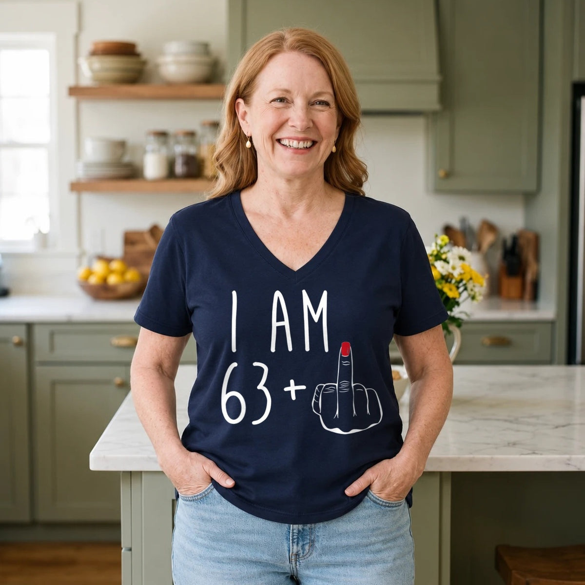 I Am 63 + Middle Finger - Funny 64th Birthday T-Shirt for Women - Navy Blue V-Neck