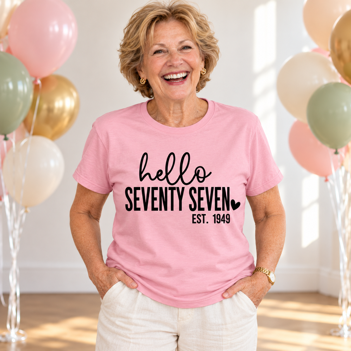 Hello Seventy-Seven 77th Birthday T-Shirt – Est. 1949