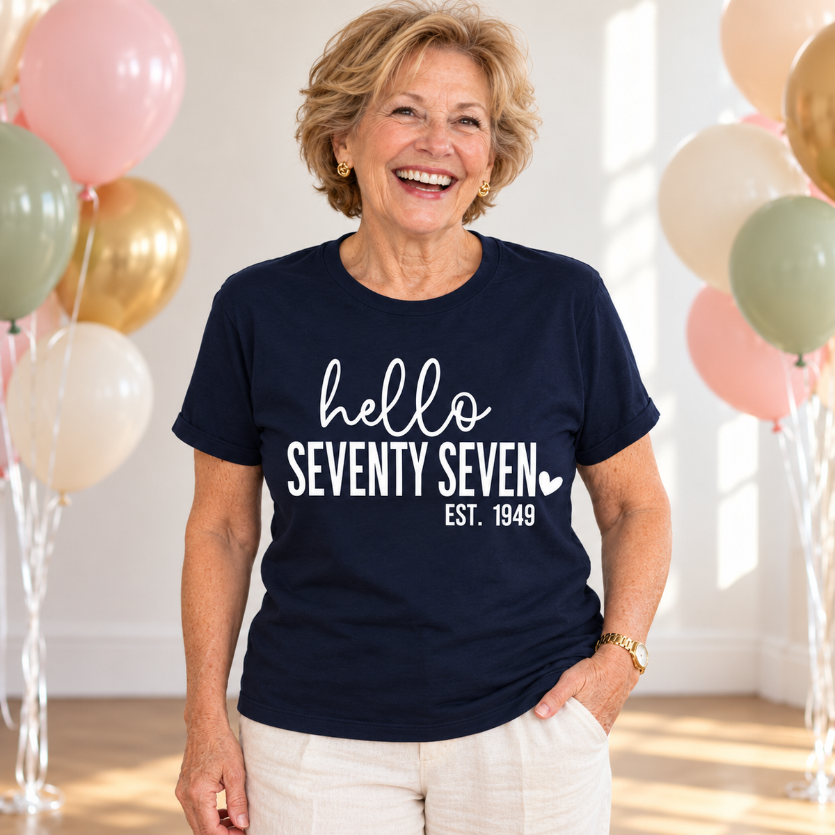 Hello Seventy-Seven 77th Birthday T-Shirt – Est. 1949