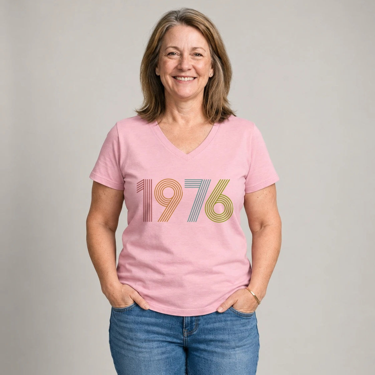 1976 Birth Year Shirt - Retro 50th Birthday T-Shirt for Women - Blush Pink V-Neck