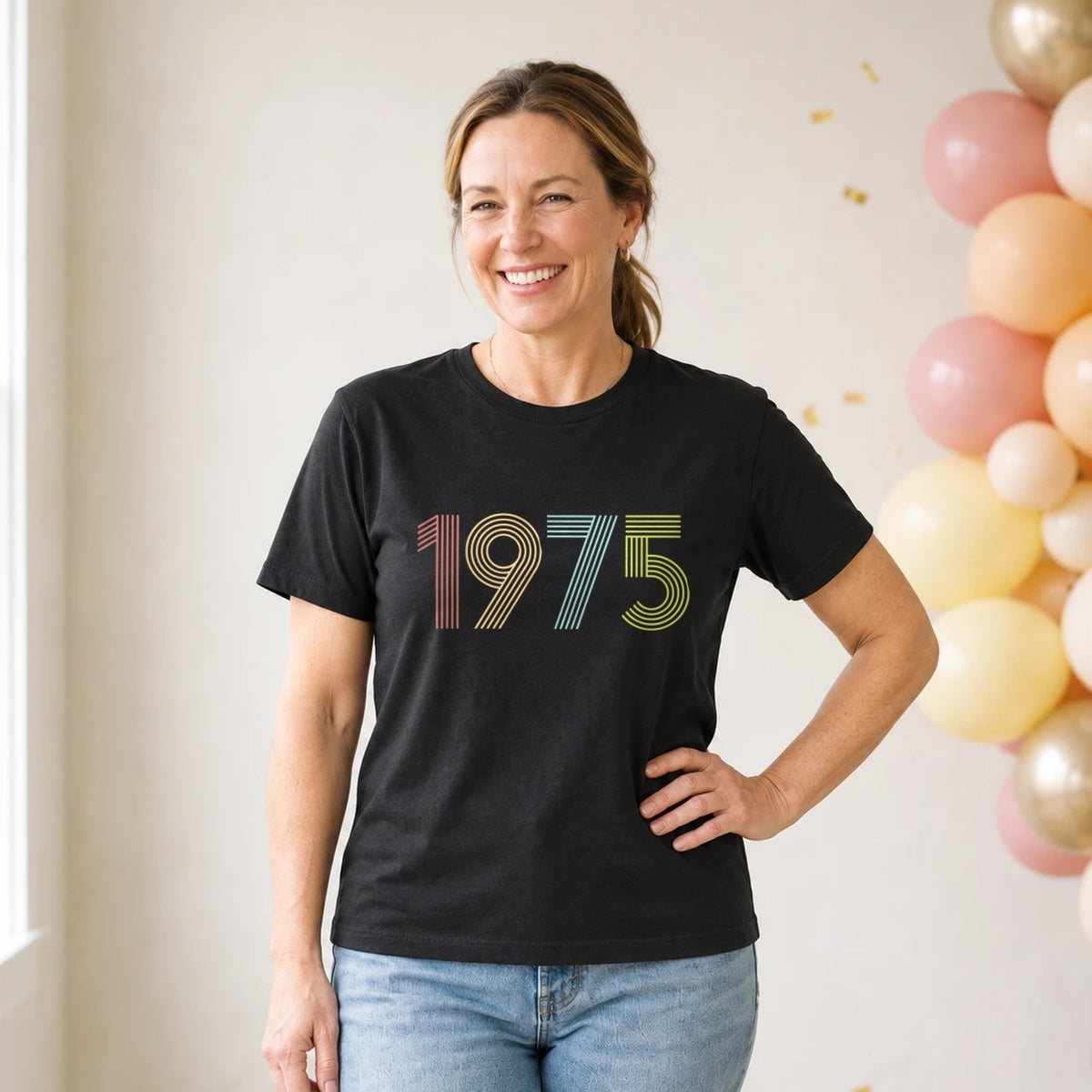 1975 Birth Year Shirt - Retro 51st Birthday T-Shirt for Women - Black Round Neck