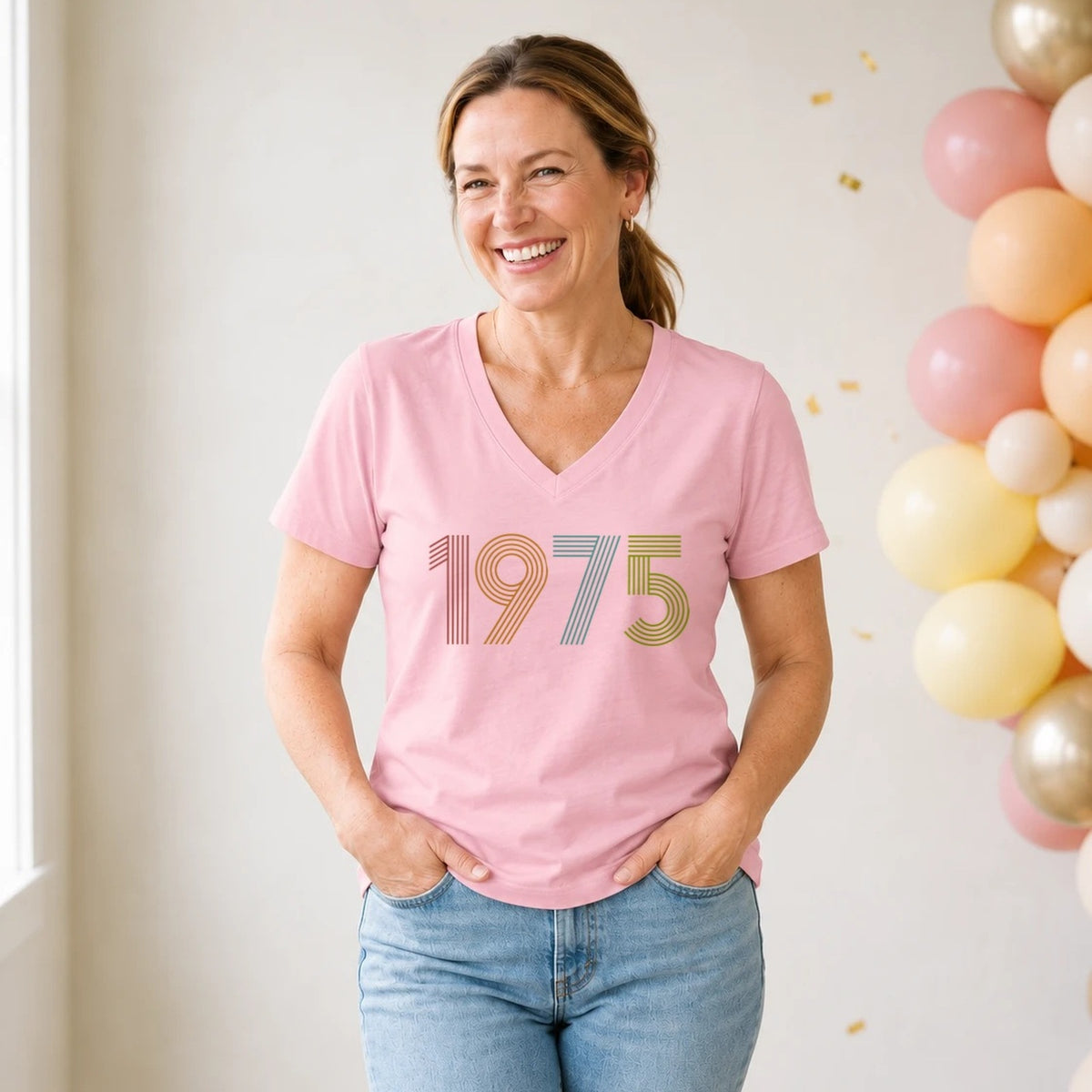 1975 Birth Year Shirt - Retro 51st Birthday T-Shirt for Women - Blush Pink V-Neck