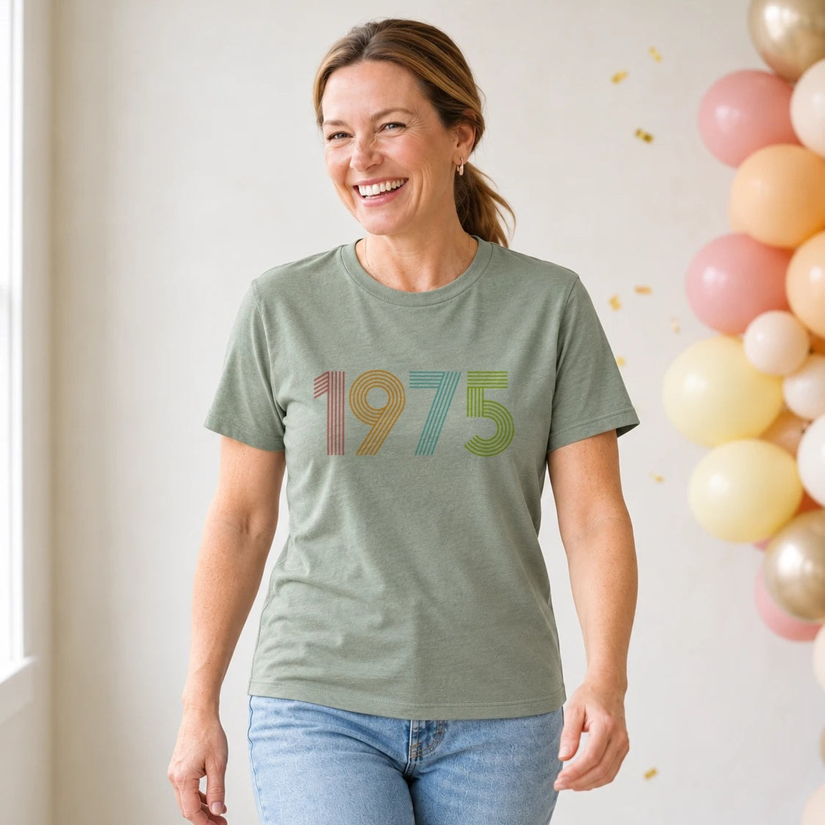 1975 Birth Year Shirt - Retro 51st Birthday T-Shirt for Women - Sage Green Round Neck