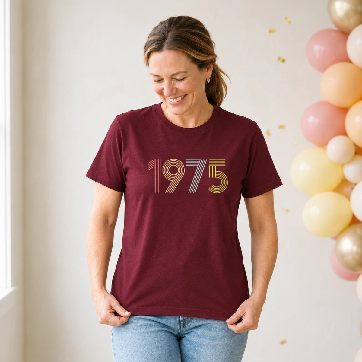 1975 Birth Year Shirt - Retro 51st Birthday T-Shirt for Women - Burgundy Round Neck