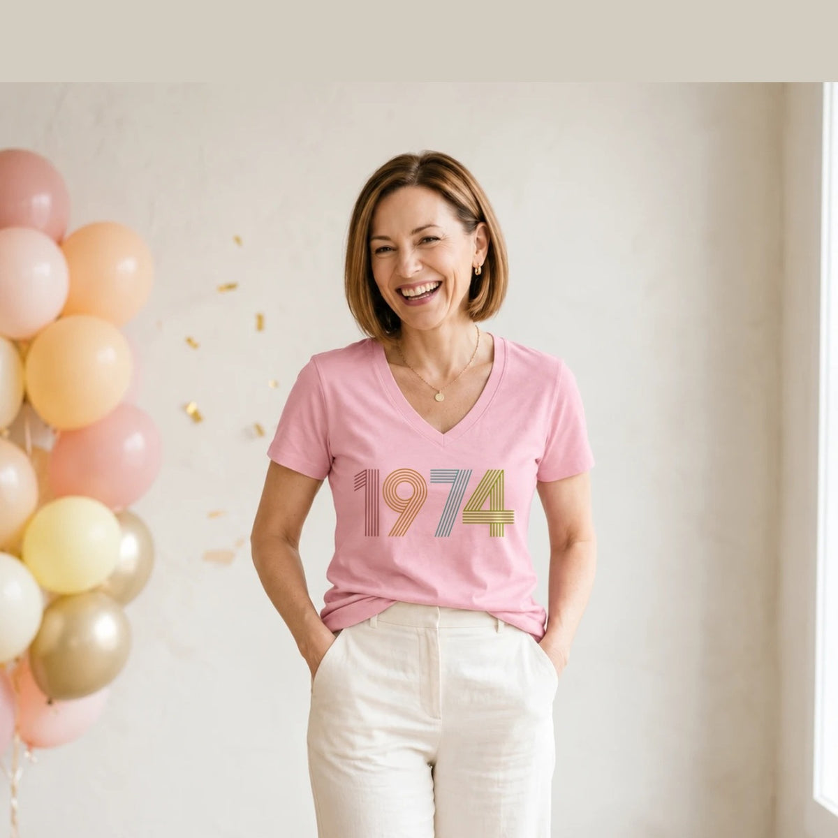1974 Birth Year Shirt - Retro 52nd Birthday T-Shirt for Women - Blush Pink V-Neck