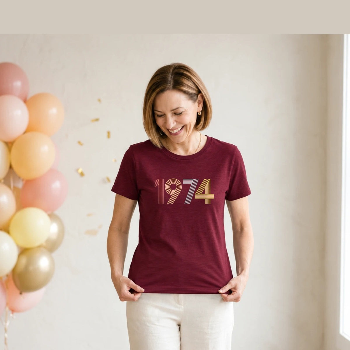 1974 Birth Year Shirt - Retro 52nd Birthday T-Shirt for Women - Burgundy Round Neck