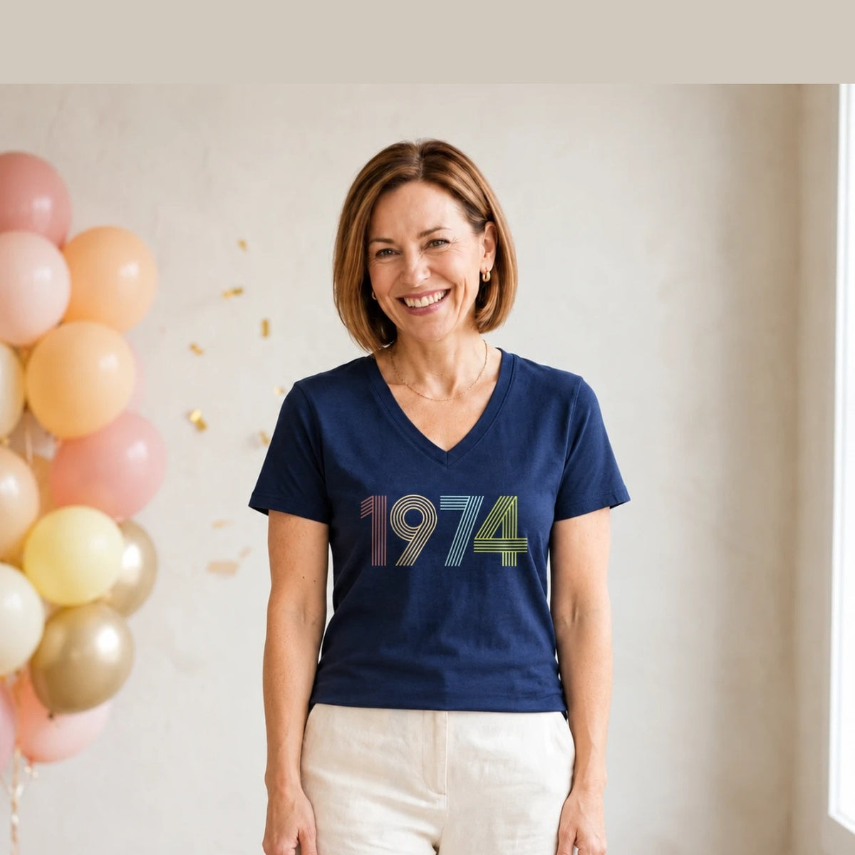 1974 Birth Year Shirt - Retro 52nd Birthday T-Shirt for Women - Navy Blue V-Neck