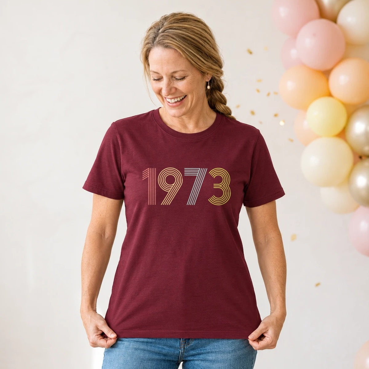 1973 Birth Year Shirt - Retro 53rd Birthday T-Shirt for Women - Burgundy Round Neck