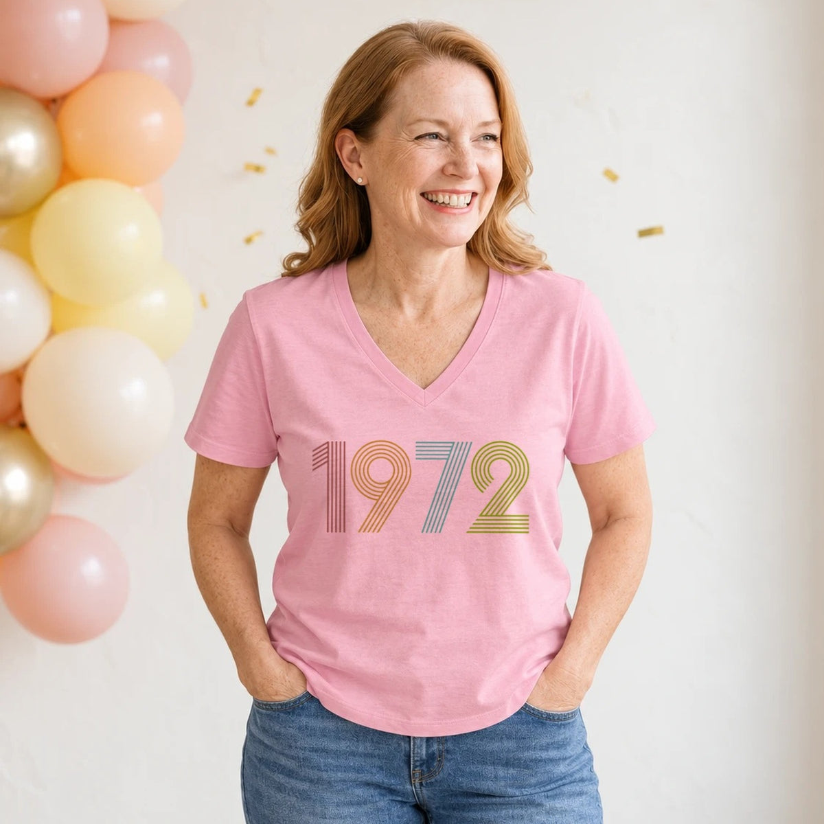 1972 Birth Year Shirt - Retro 54th Birthday T-Shirt for Women - Blush Pink V-Neck