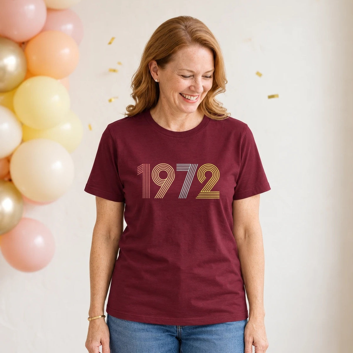 1972 Birth Year Shirt - Retro 54th Birthday T-Shirt for Women - Burgundy Round Neck