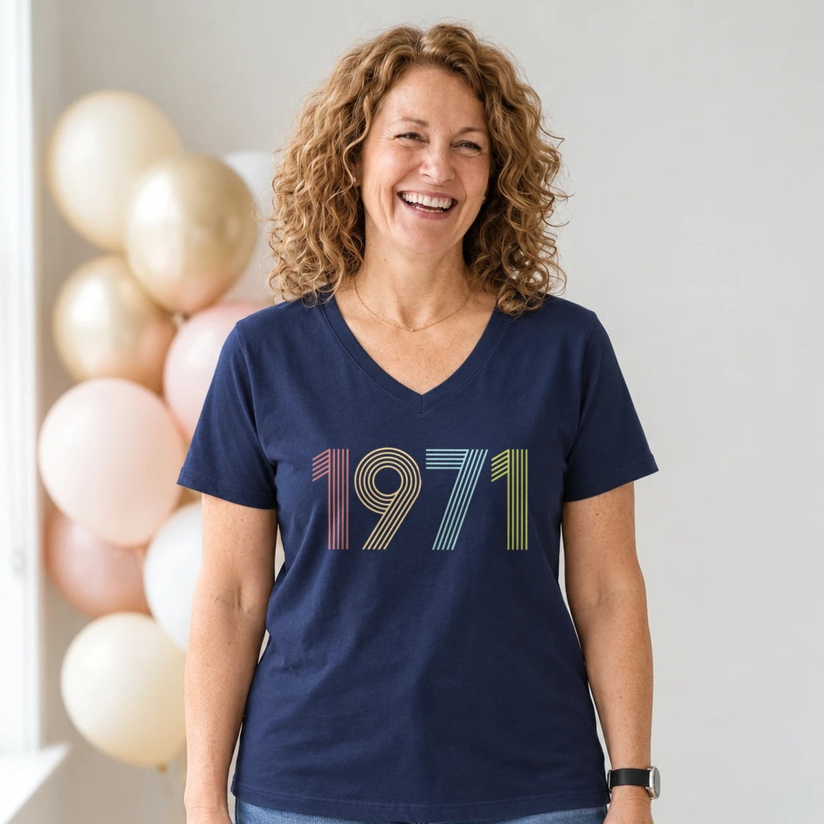 1971 Birth Year Shirt - Retro 55th Birthday T-Shirt for Women - Navy Blue V-Neck