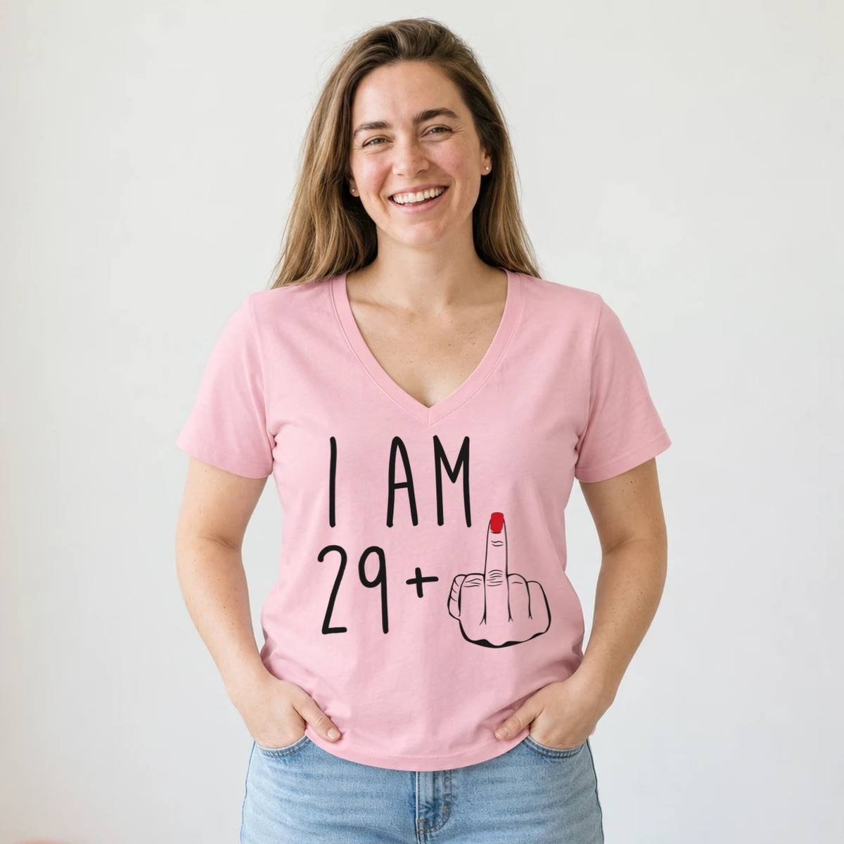 I Am 29 + Middle Finger - Funny 30th Birthday T-Shirt for Women - Blush Pink V-Neck