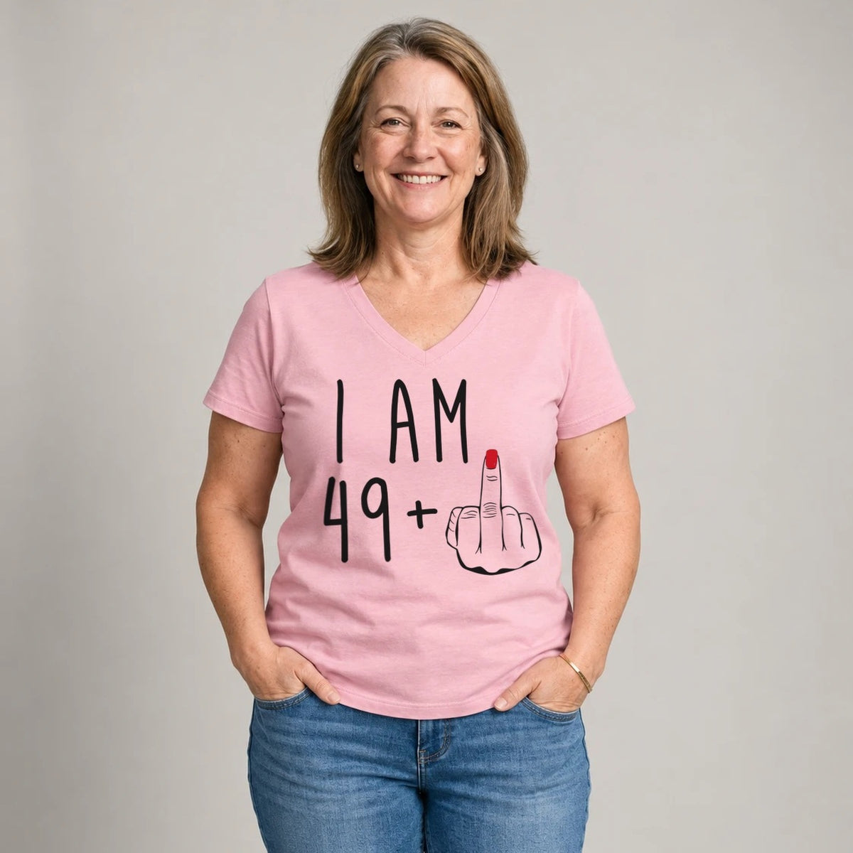 I Am 49 + Middle Finger - Funny 50th Birthday T-Shirt for Women - Blush Pink V-Neck