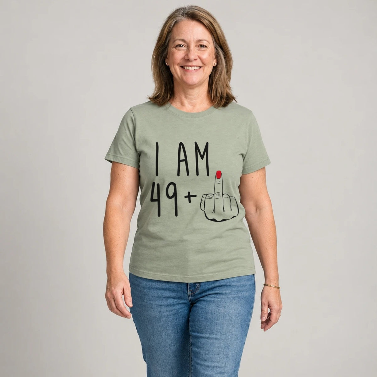 I Am 49 + Middle Finger - Funny 50th Birthday T-Shirt for Women - Sage Green Round Neck