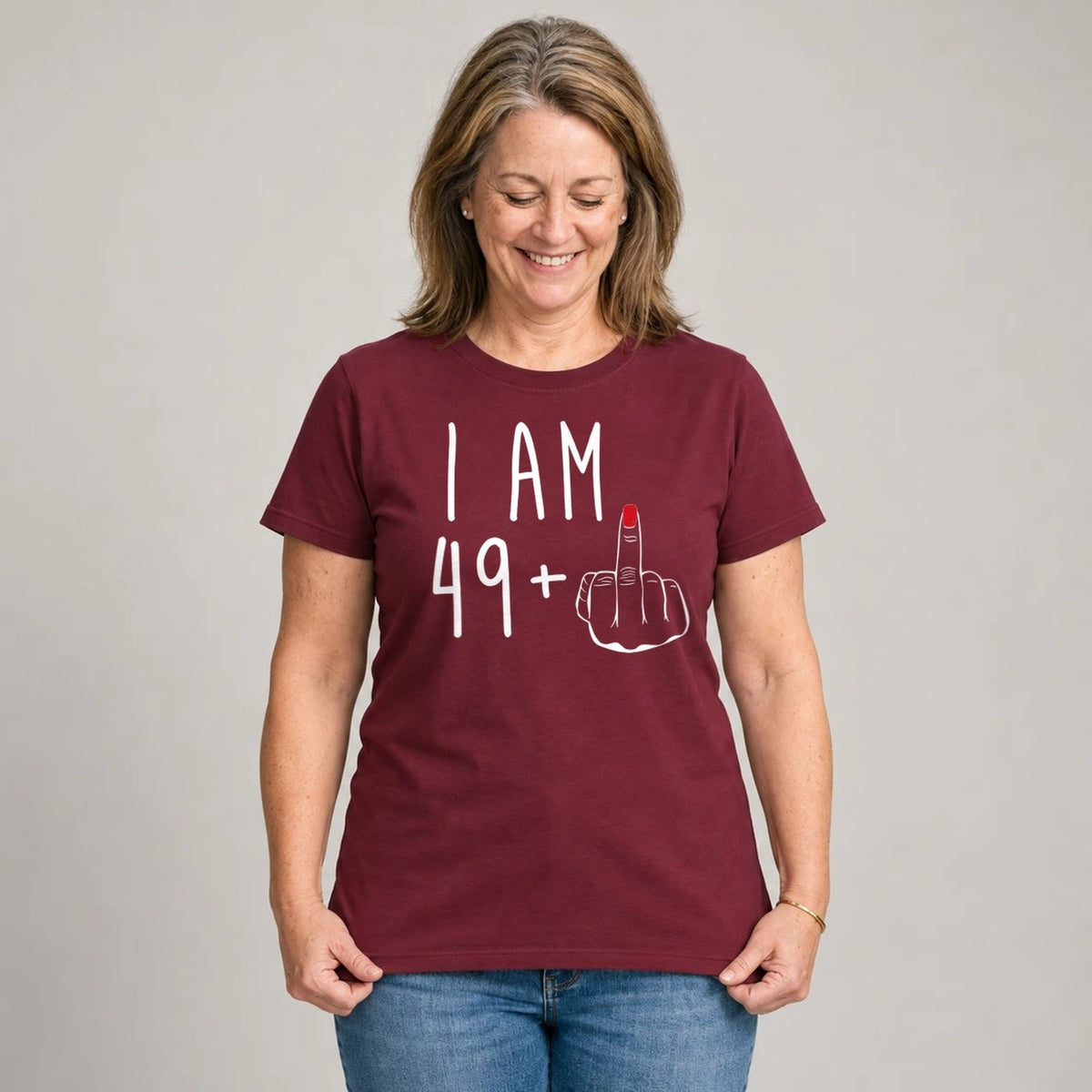 I Am 49 + Middle Finger - Funny 50th Birthday T-Shirt for Women - Burgundy Round Neck