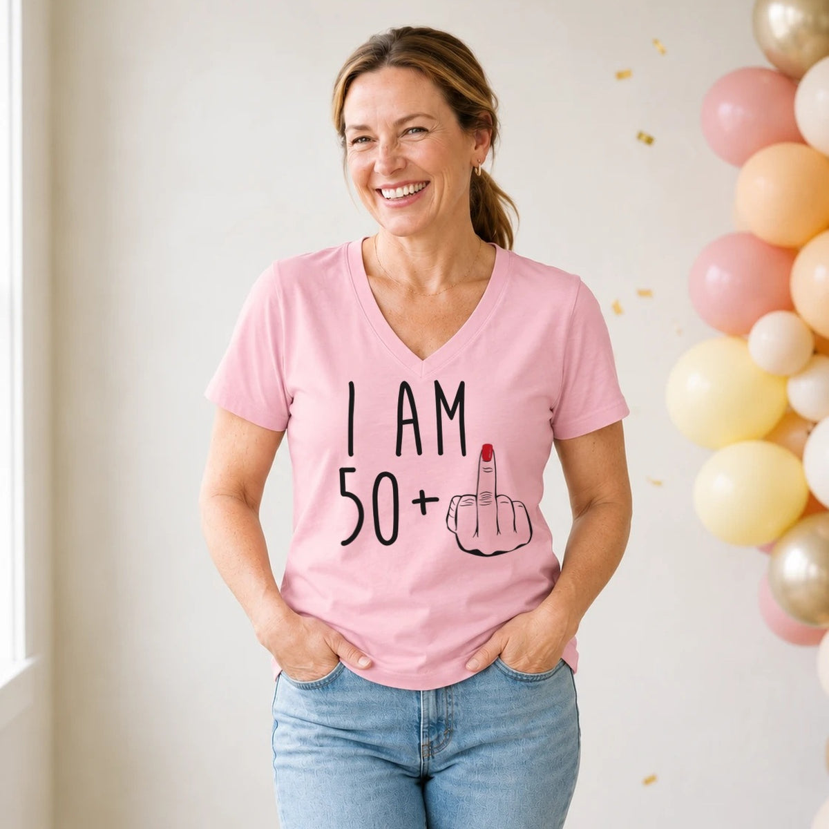 I Am 50 + Middle Finger - Funny 51st Birthday T-Shirt for Women - Blush Pink V-Neck