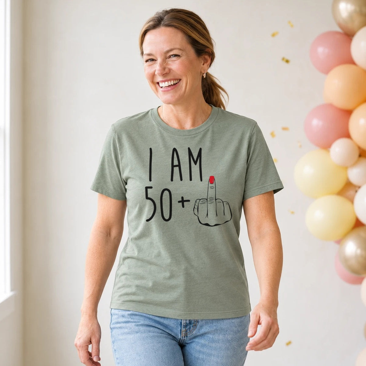 I Am 50 + Middle Finger - Funny 51st Birthday T-Shirt for Women - Sage Green Round Neck