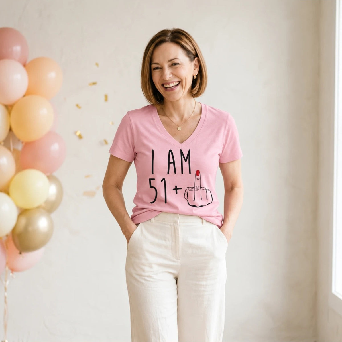 I Am 51 + Middle Finger - Funny 52nd Birthday T-Shirt for Women - Blush Pink V-Neck