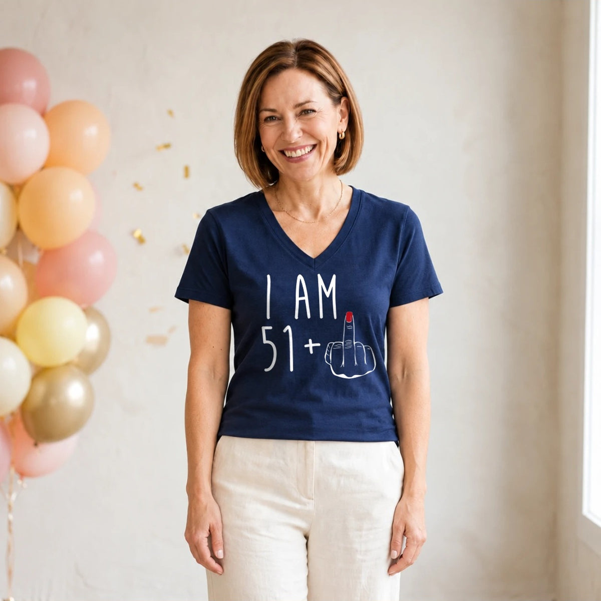 I Am 51 + Middle Finger - Funny 52nd Birthday T-Shirt for Women - Navy Blue V-Neck