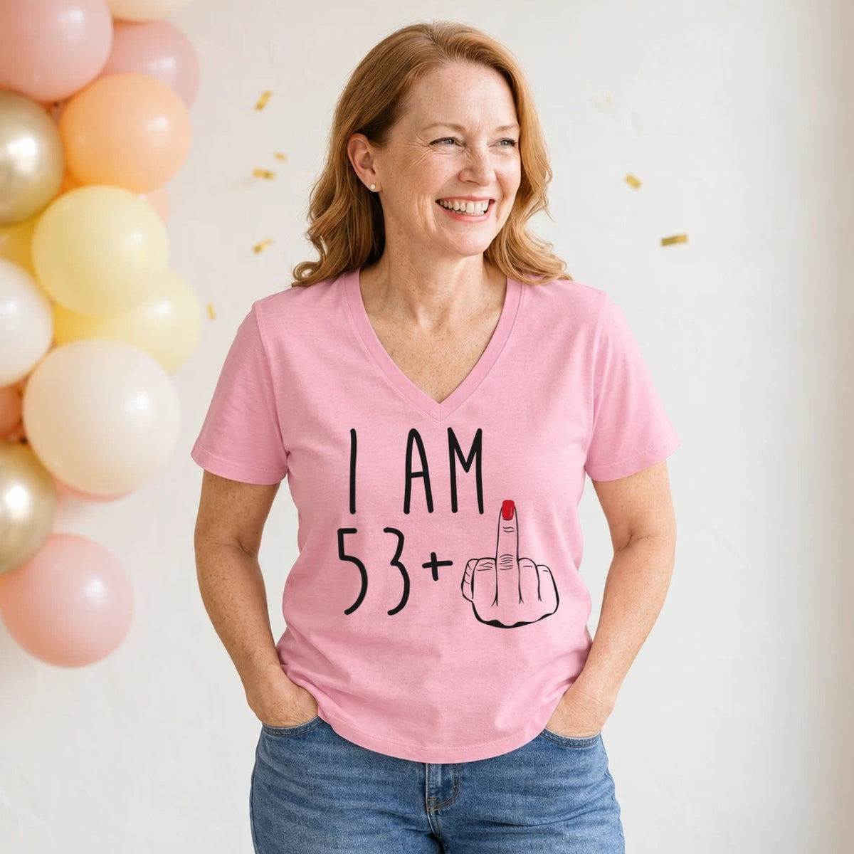 I Am 53 + Middle Finger - Funny 54th Birthday T-Shirt for Women - Blush Pink V-Neck
