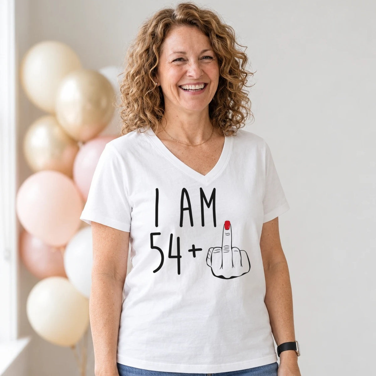 I Am 54 + Middle Finger - Funny 55th Birthday T-Shirt for Women - White V-Neck