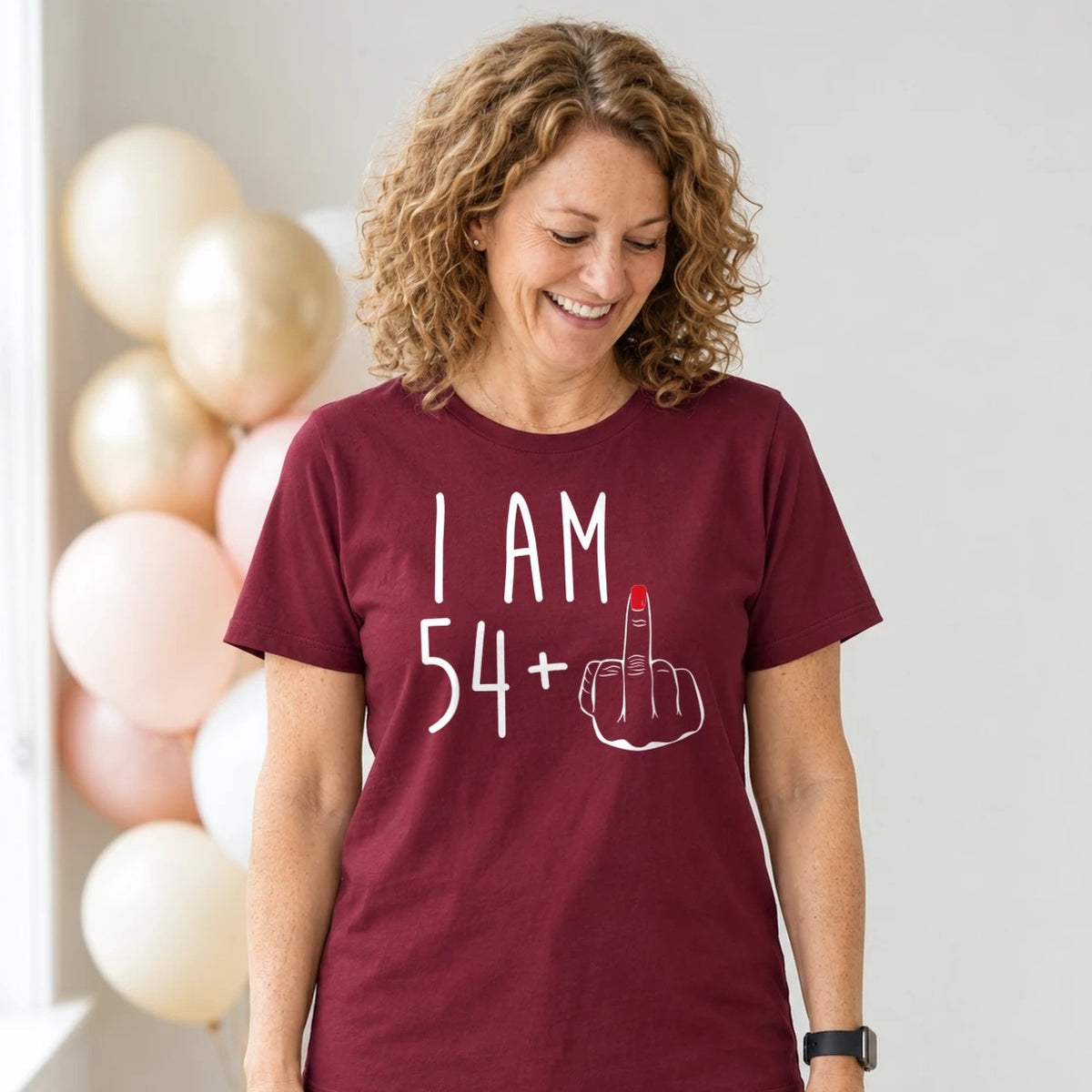 I Am 54 + Middle Finger - Funny 55th Birthday T-Shirt for Women - Burgundy Round Neck