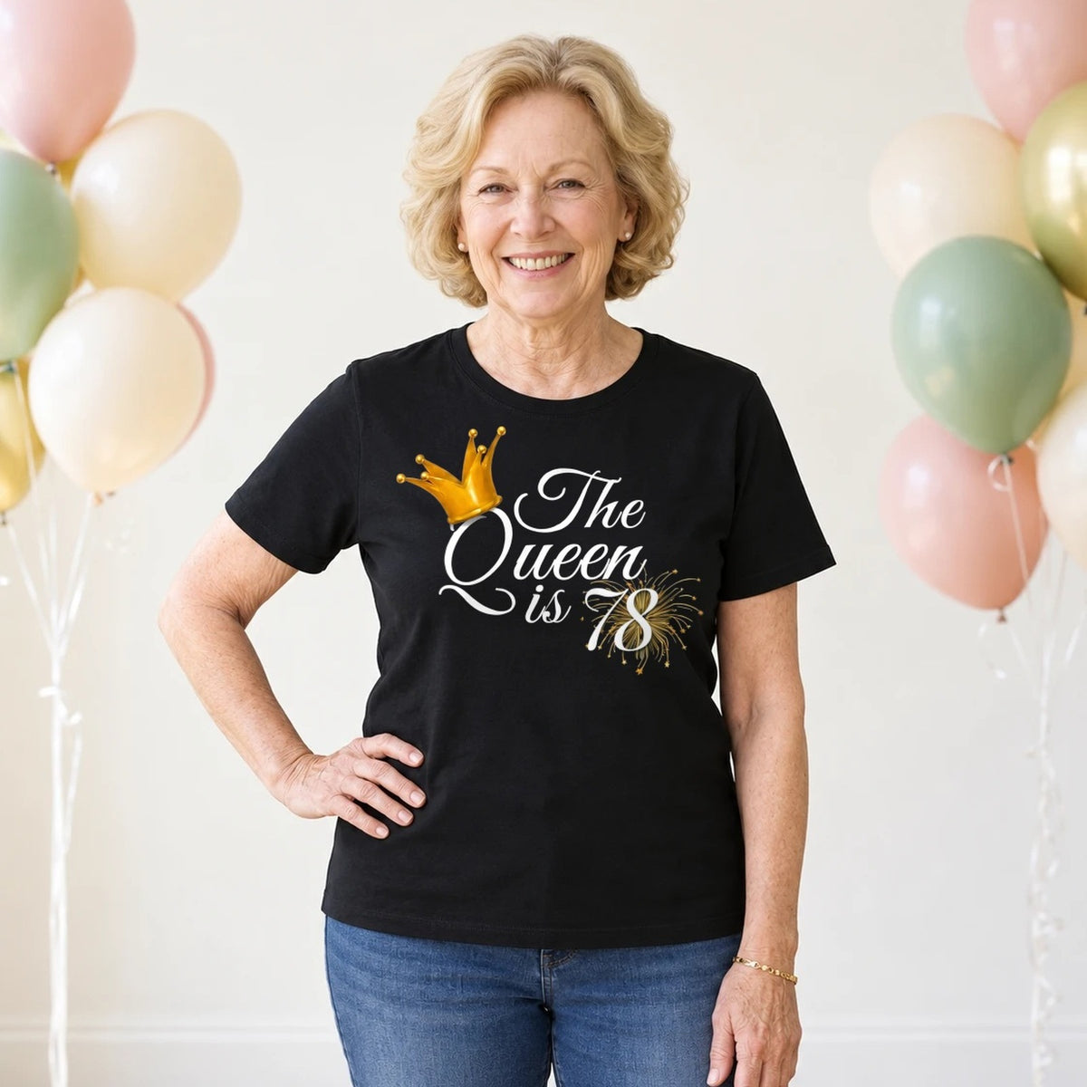 The Queen Is 78 - 78th Birthday Queen T-Shirt for Women - Black Round Neck