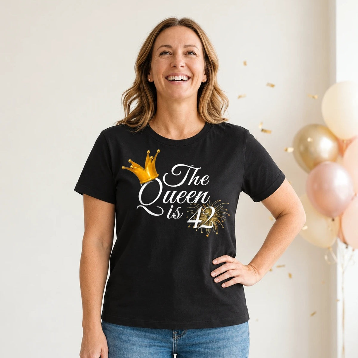 The Queen Is 42 - 42nd Birthday Queen T-Shirt for Women - Black Round Neck