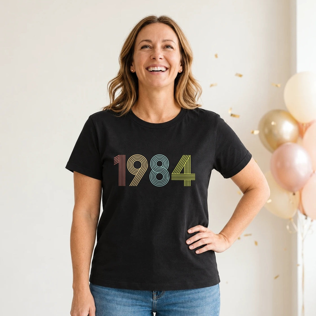1984 Birth Year Shirt - Retro 42nd Birthday T-Shirt for Women - Black Round Neck